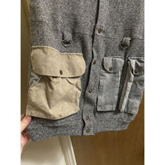 Vintage Brittania Gray Cotton Hunting Vest Suede Shoulders Button Pockets Size L - Picture 4 of 14